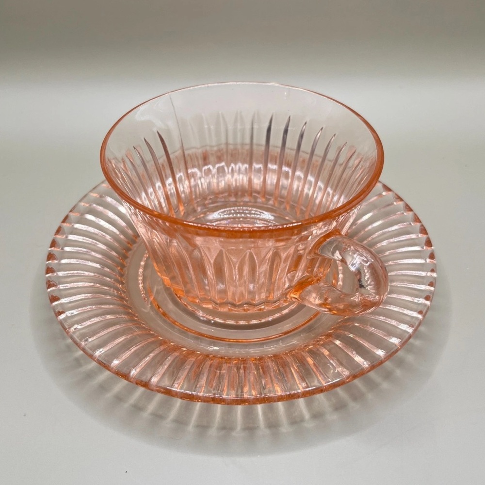 Pink Depression Glass Cup and Saucer Ribbed Pattern Vintage Tea Coffee Set